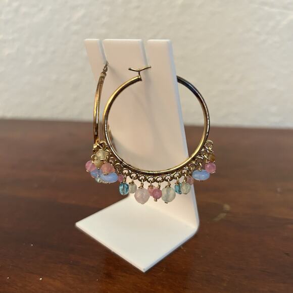 Gold Tone Hoop Earrings with Multicolor Bead Charms Boho Dangle Style - Picture 3 of 4
